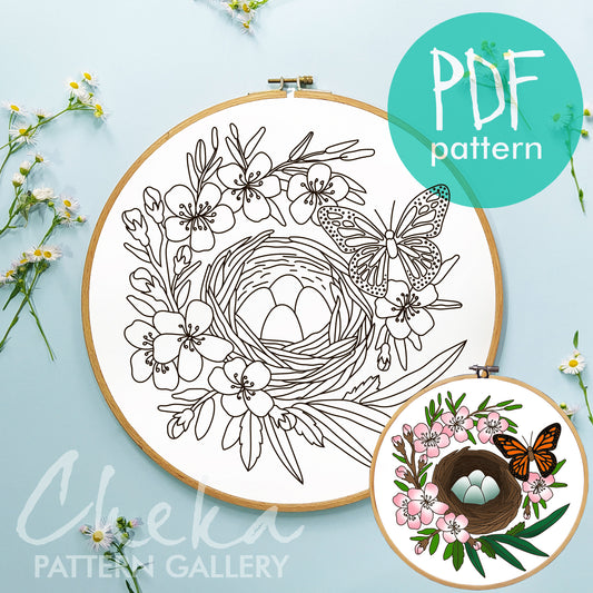 Spring embroidery, bird's nest. Hand embroidery pattern with butterflie, blossom and bird's nest. Easter story, embroidery template,Hoop art