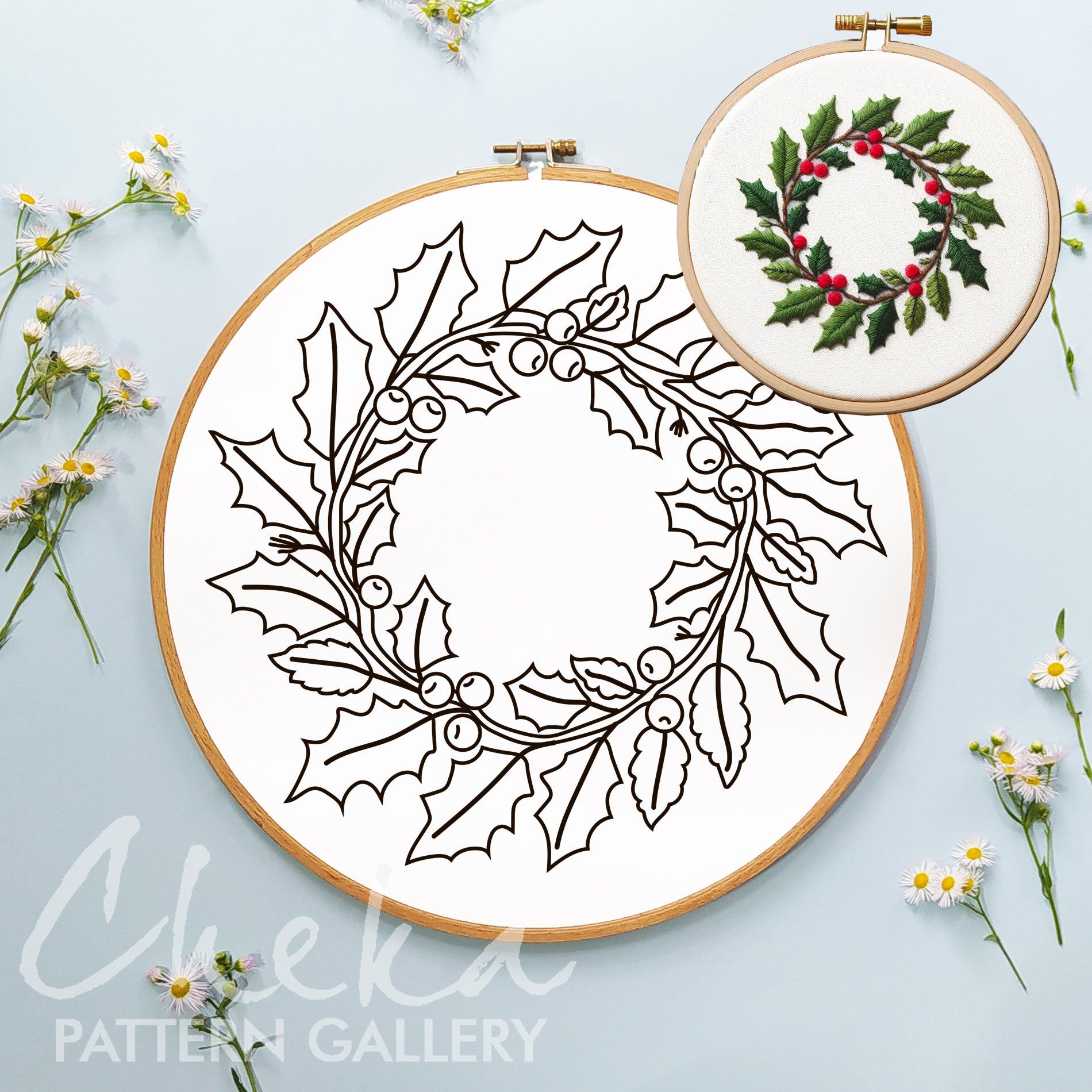 holly wreath, Floral Wreath Embroidery bundle, set of 8 floral hand embroidery patterns. Embroidery patterns with floral wreath designs,Pattern Collection