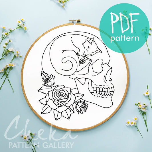 Skull with flowers and cat, pattern for hand embroidery. Bouquet of roses.Cat Embroidery scheme with skull, gothic home decor with own hands