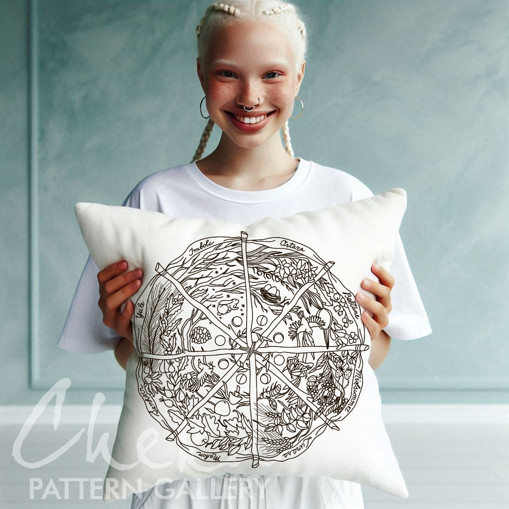 Calendar to embroider, sabbats phenology wheel. Phenology wheel pattern, calendar to embroider Yule, Samhain, Imbolc, Ostra. Wheel pattern 