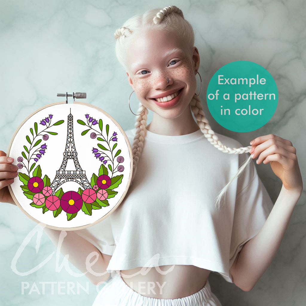 Paris embroidery pattern, Eiffel Tower among flowers, Hand embroidery pattern PDF. Modern hoop art, French embroidery. Handmade embroidery