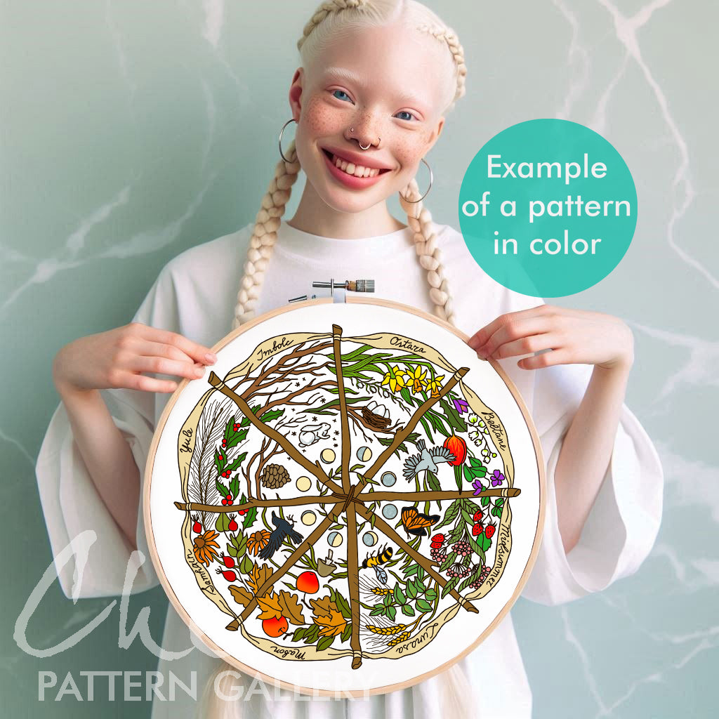 Calendar to embroider, sabbats phenology wheel. Phenology wheel pattern, calendar to embroider Yule, Samhain, Imbolc, Ostra. Wheel pattern 