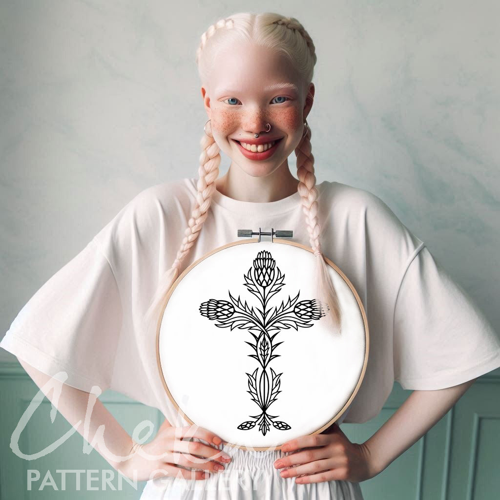 Christian Hand Embroidery PDF Pattern, Thistle Cross, Christian Theme. Catholic Hoop Art