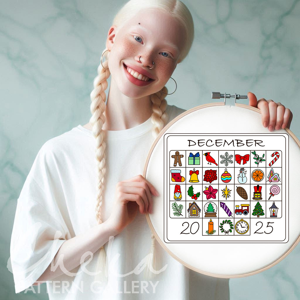 Advent calendar, hand embroidery pattern, December digital embroidery pattern. Phenology calendar pattern. English, French, German versions