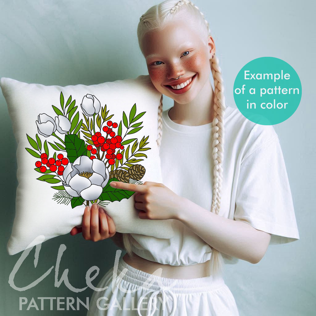 Christmas Bouquet Hand Embroidery Pattern with Holly, Christmas Flower. Poinsettia and Pinecones, Christmas Embroidery Art, DIY Holiday Gift