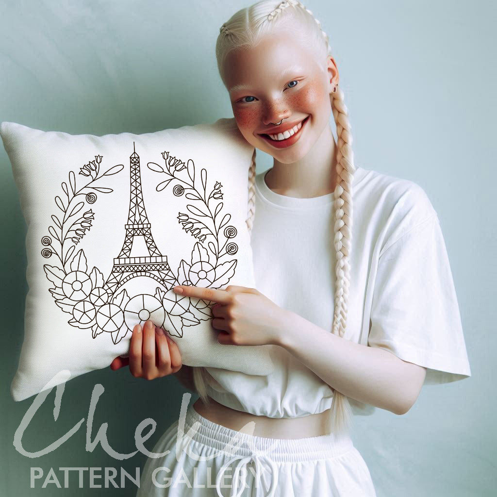 Paris embroidery pattern, Eiffel Tower among flowers, Hand embroidery pattern PDF. Modern hoop art, French embroidery. Handmade embroidery