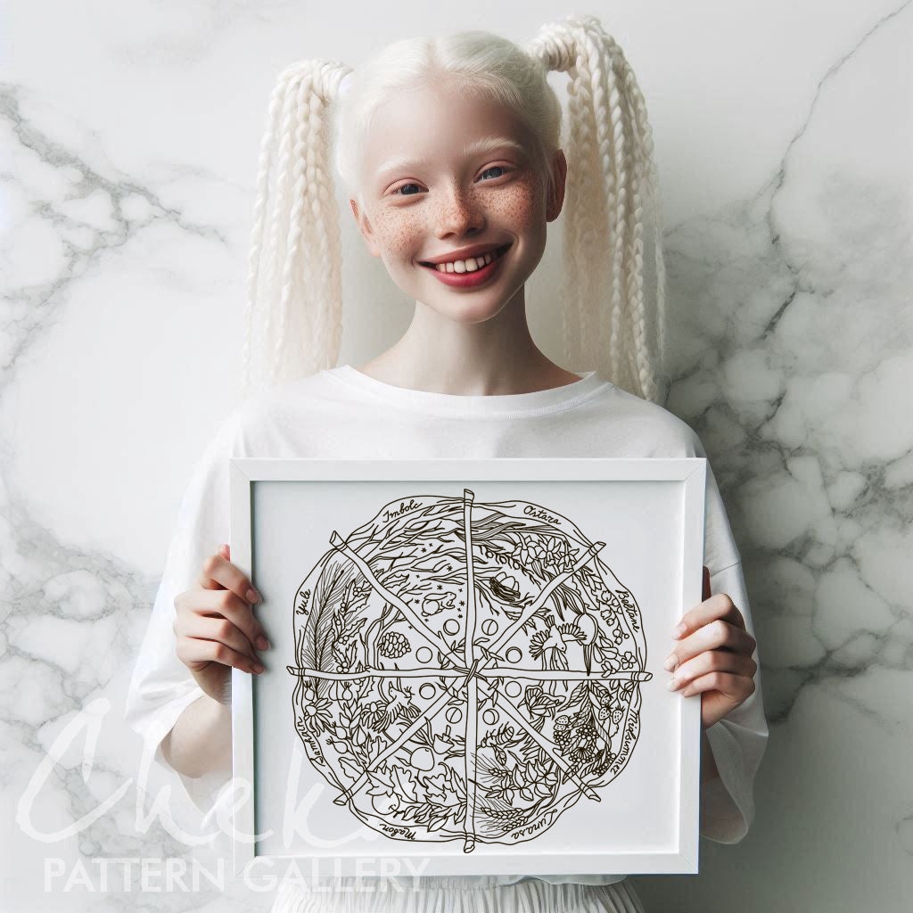 Calendar to embroider, sabbats phenology wheel. Phenology wheel pattern, calendar to embroider Yule, Samhain, Imbolc, Ostra. Wheel pattern 