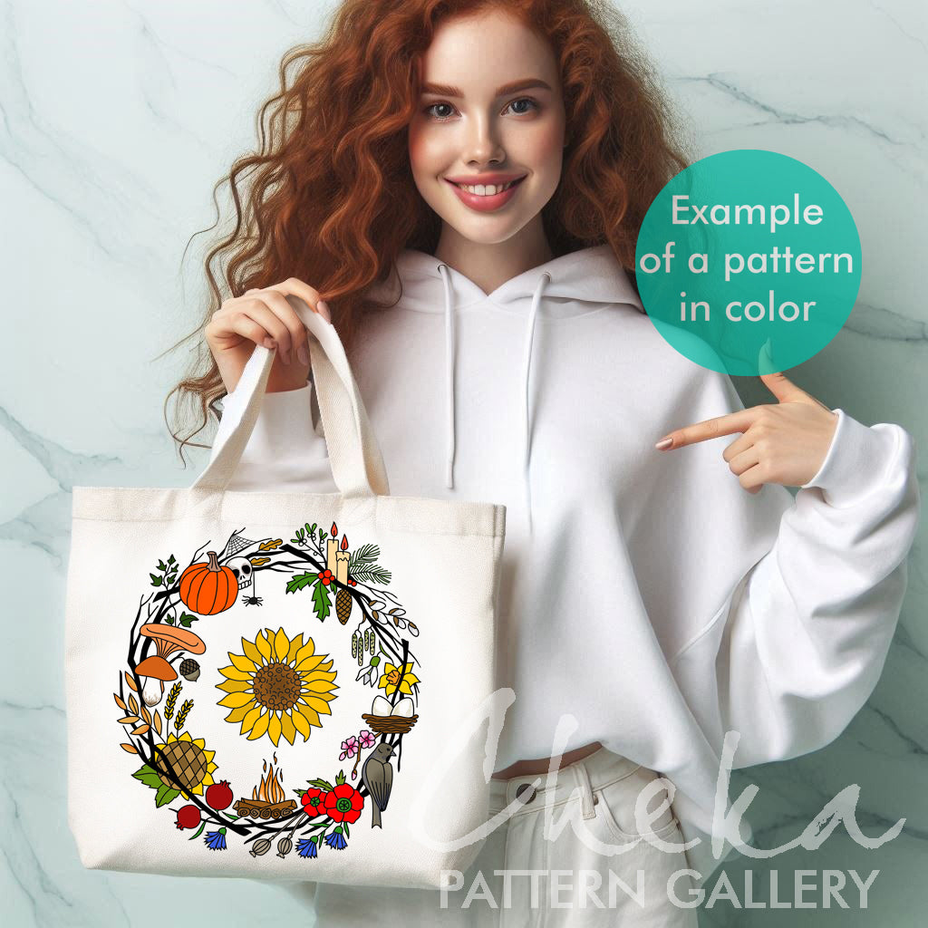 Phenology wheel pattern, calendar to embroider the year, seasons, month embroidery. Sabbats, Christmas, Easter phenology wheel templates PDF