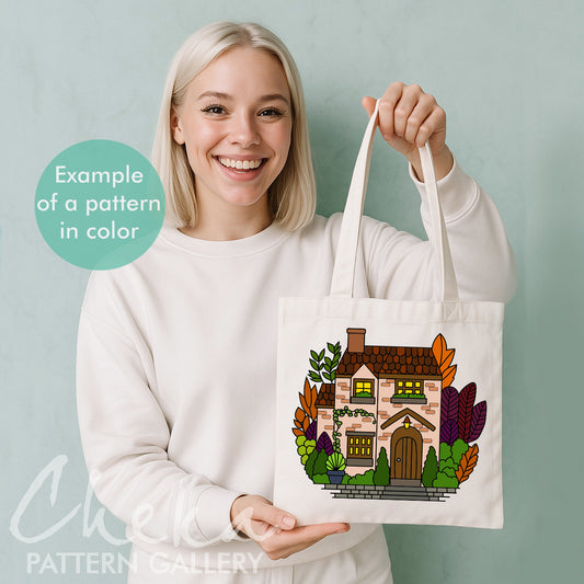 Cottage Hand Embroidery Template, House with garden. Embroidery Pattern PDF, Cottagecore 