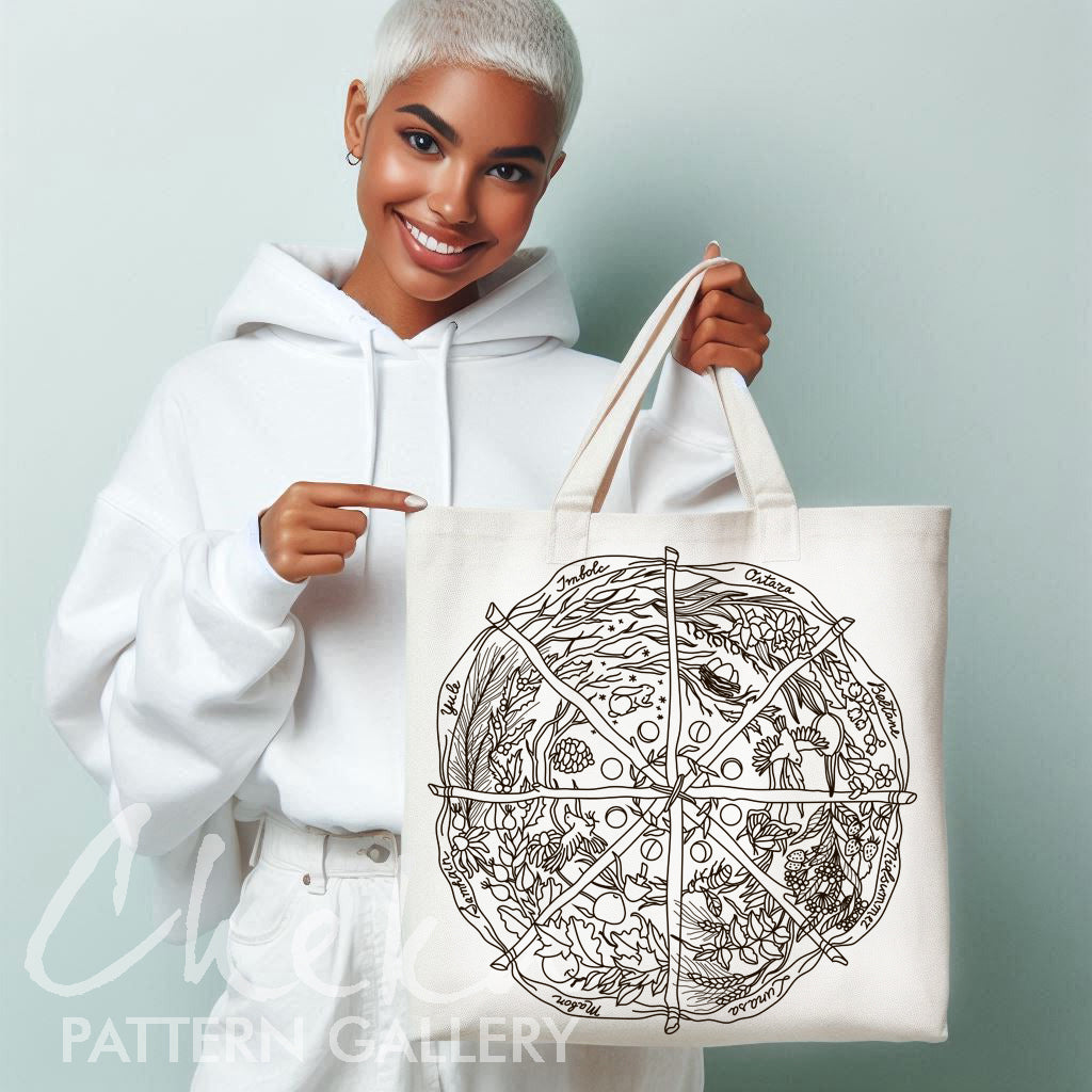 Calendar to embroider, sabbats phenology wheel. Phenology wheel pattern, calendar to embroider Yule, Samhain, Imbolc, Ostra. Wheel pattern 