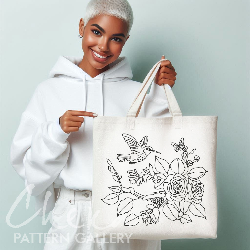 Hummingbird Embroidery Pattern, Floral embroidery, flower & Bird Pattern, Hand Embroidery PDF, Wildlife Embroidery, roses, garden embroidery