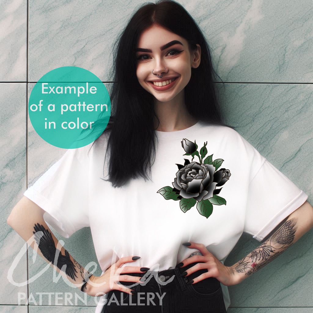 gothic emroidery, black roses, Big rose pattern, digital pattern for hand embroidery. Large rose flower. Floral Embroidery Pattern, floral sewing pattern