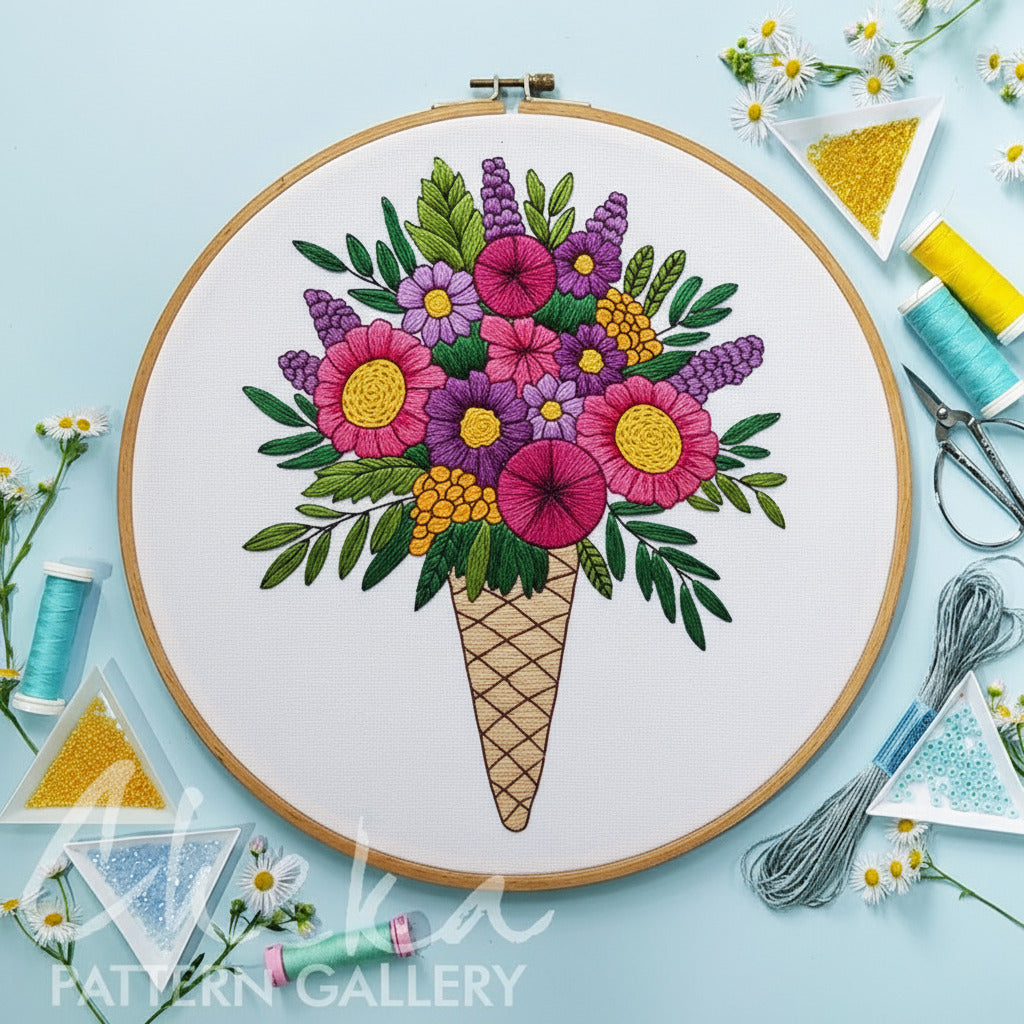 Embroidery hoop with floral ice cream cone design on a light blue background with embroidery supplies.