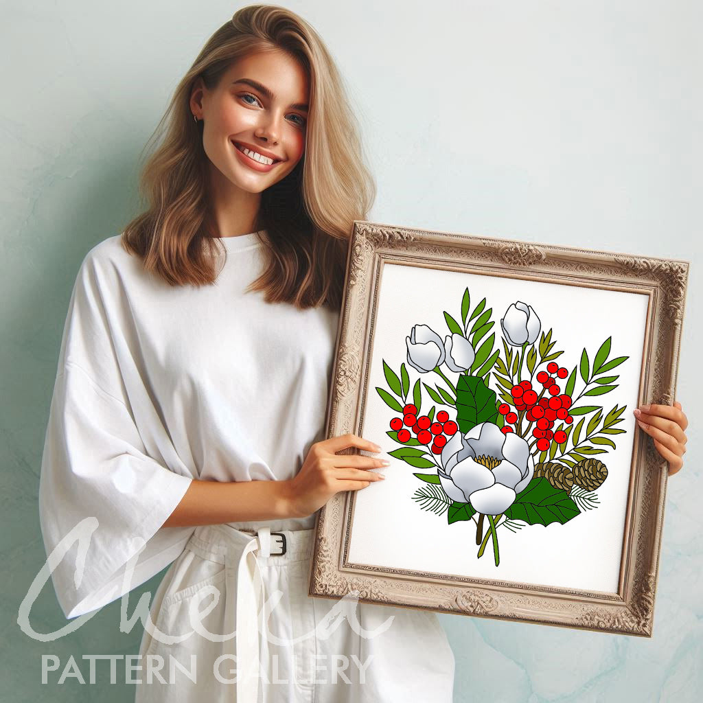 Christmas Bouquet Hand Embroidery Pattern with Holly, Christmas Flower. Poinsettia and Pinecones, Christmas Embroidery Art, DIY Holiday Gift