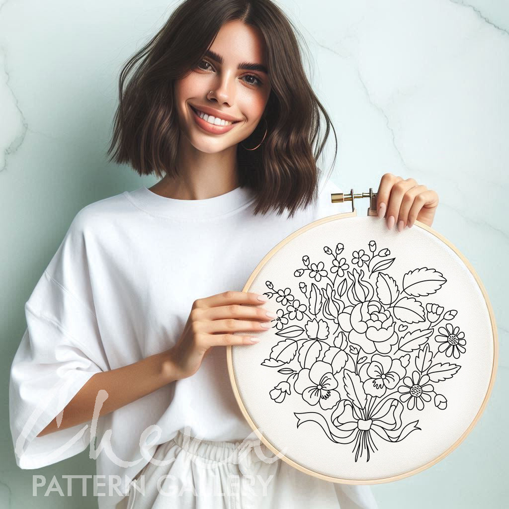 Floral hand embroidery pattern. Beautiful Classic embroidery pattern. PDF Embroidery pattern with flowers.  Hand embroidery blueprint