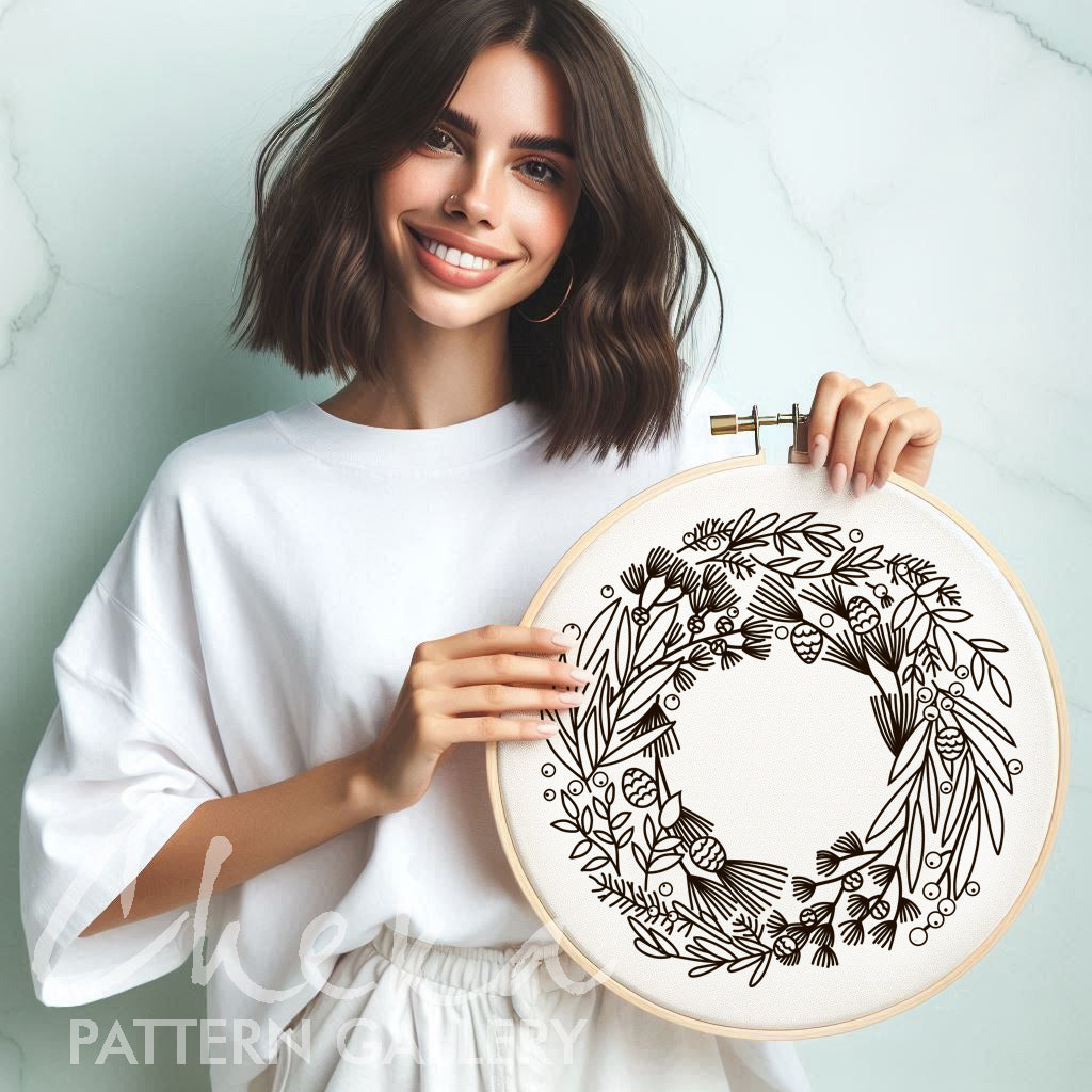 Festive wreath made of spruce and leaves. Floral embroidery pattern PDF. Christmas DIY Embroidery template