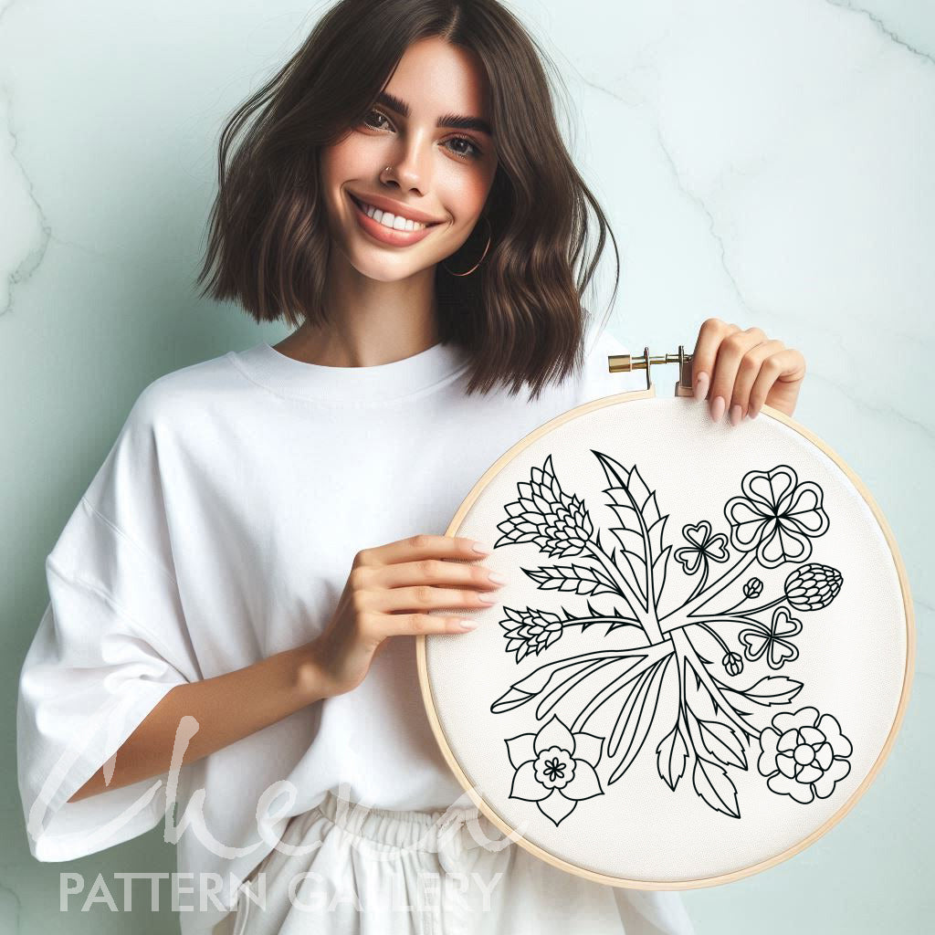Symbols of England: the rose, daffodil, clover, thistle. United Kingdom Symbols. Hand embroidery pattern PDF. Hoop Art