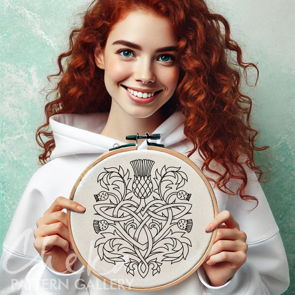 Thistle, pattern for hand embroidery. Traditional Scottish Crest. Decorative Thistle flower, botanical embroidery. Celtic hoop Art, Thistle
