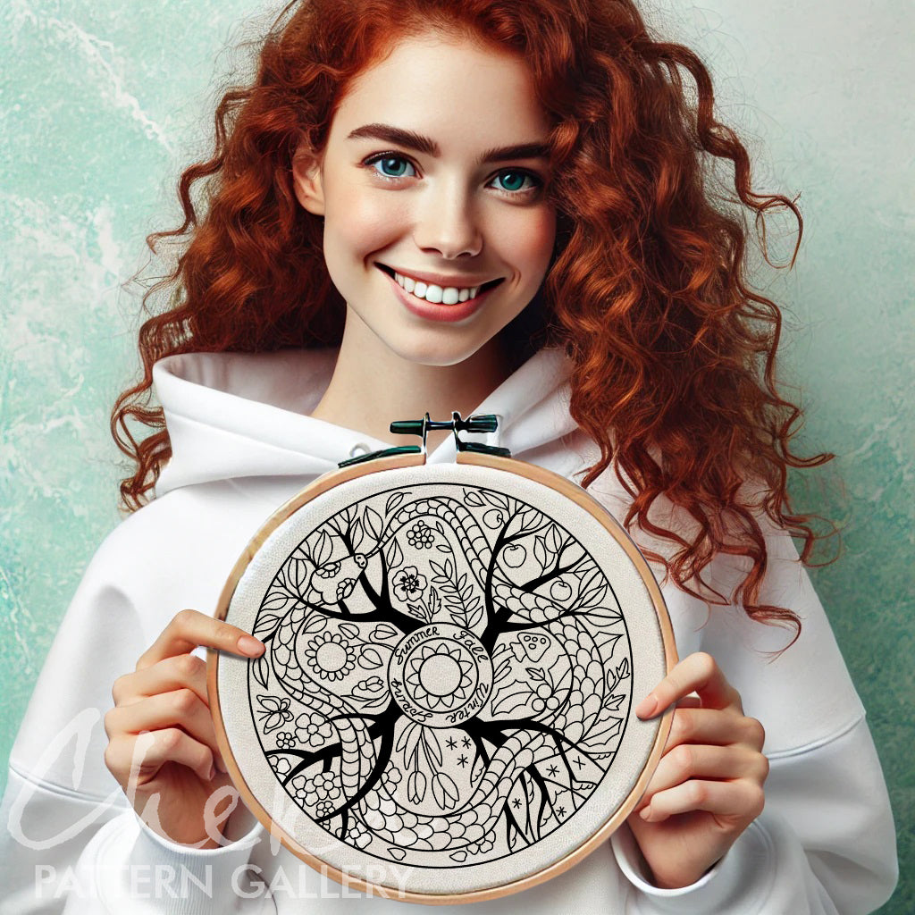 Phenology wheel pattern, The Ouroboros. Phenology wheel template with a snake, calendar to embroider the seasons. PDF embroidery pattern