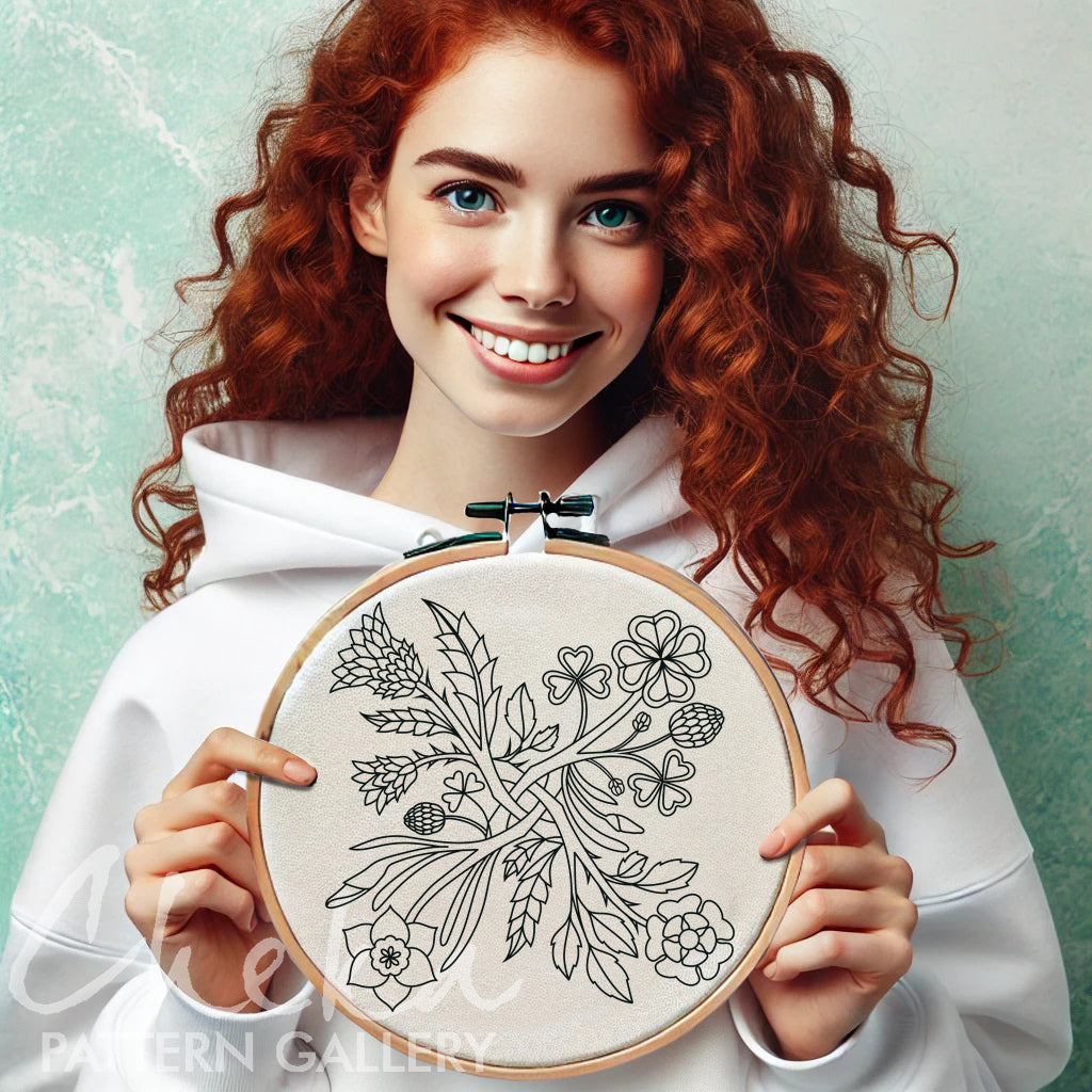 United Kingdom Symbols. Plant symbols of England: the rose, daffodil, clover, thistle. Hand embroidery pattern PDF. Hoop Art