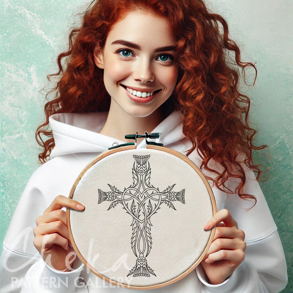 Christian Hand Embroidery Pattern, Irish Thistle Cross. Floral Cross, Christian Theme. Hand Embroidery Pattern PDF