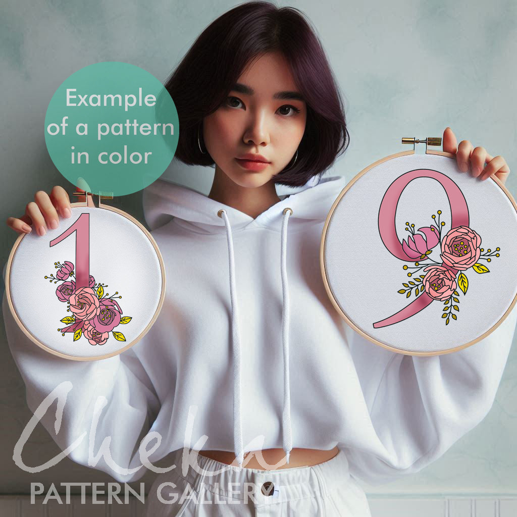 Floral Numbers. A set of 10 numbers with pink flowers. Hand embroidery pattern PDF, modern hoop art
