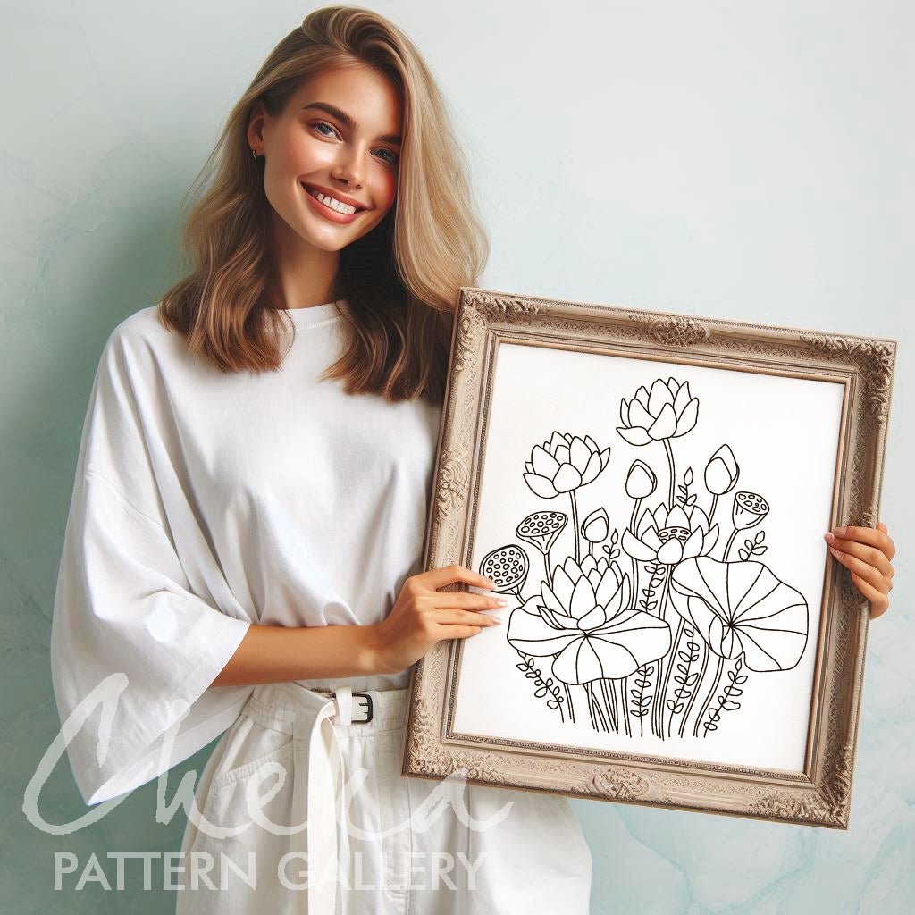 Water lilies, hand embroidery pattern. Colored lilies, hand embroidery design. Blossom of Beautiful water flowers. Embroidery blueprint PDF