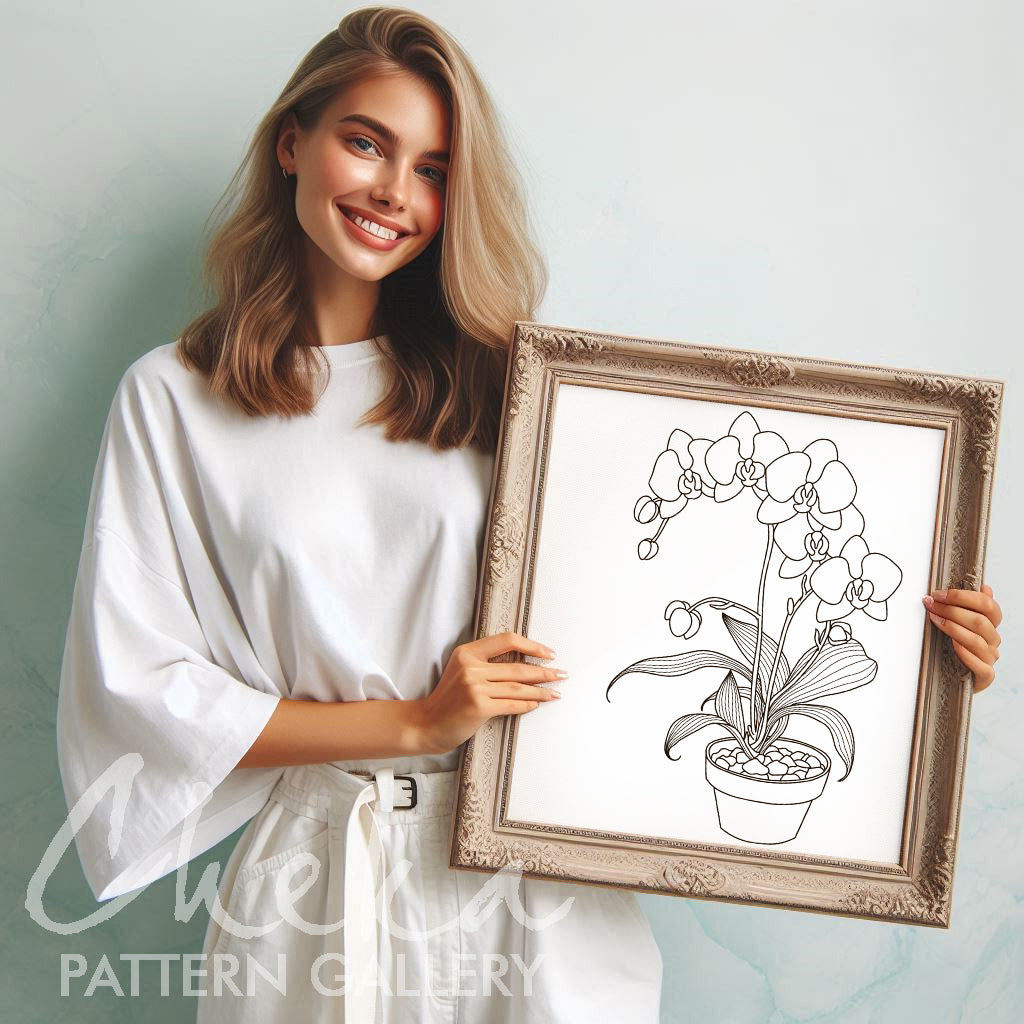 Orchid pattern for hand embroidery, branch of big pink Orchid, beautiful flower embroidery pattern, Orchid lover gift, Modern hoop art PDF