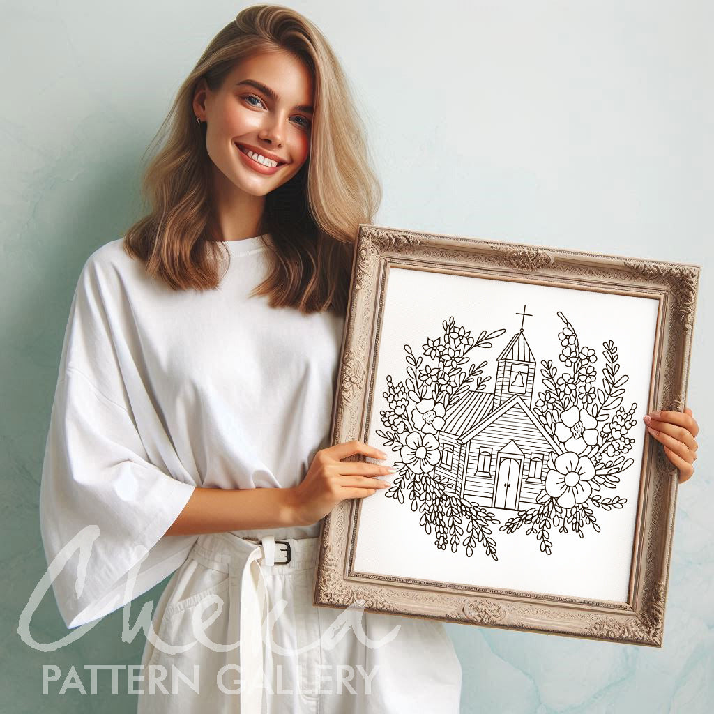 Church PDF template, Floral Embroidery Pattern, Christmas decor, Instant Download, Christian Hand Embroidery, Catholic embroidery craft