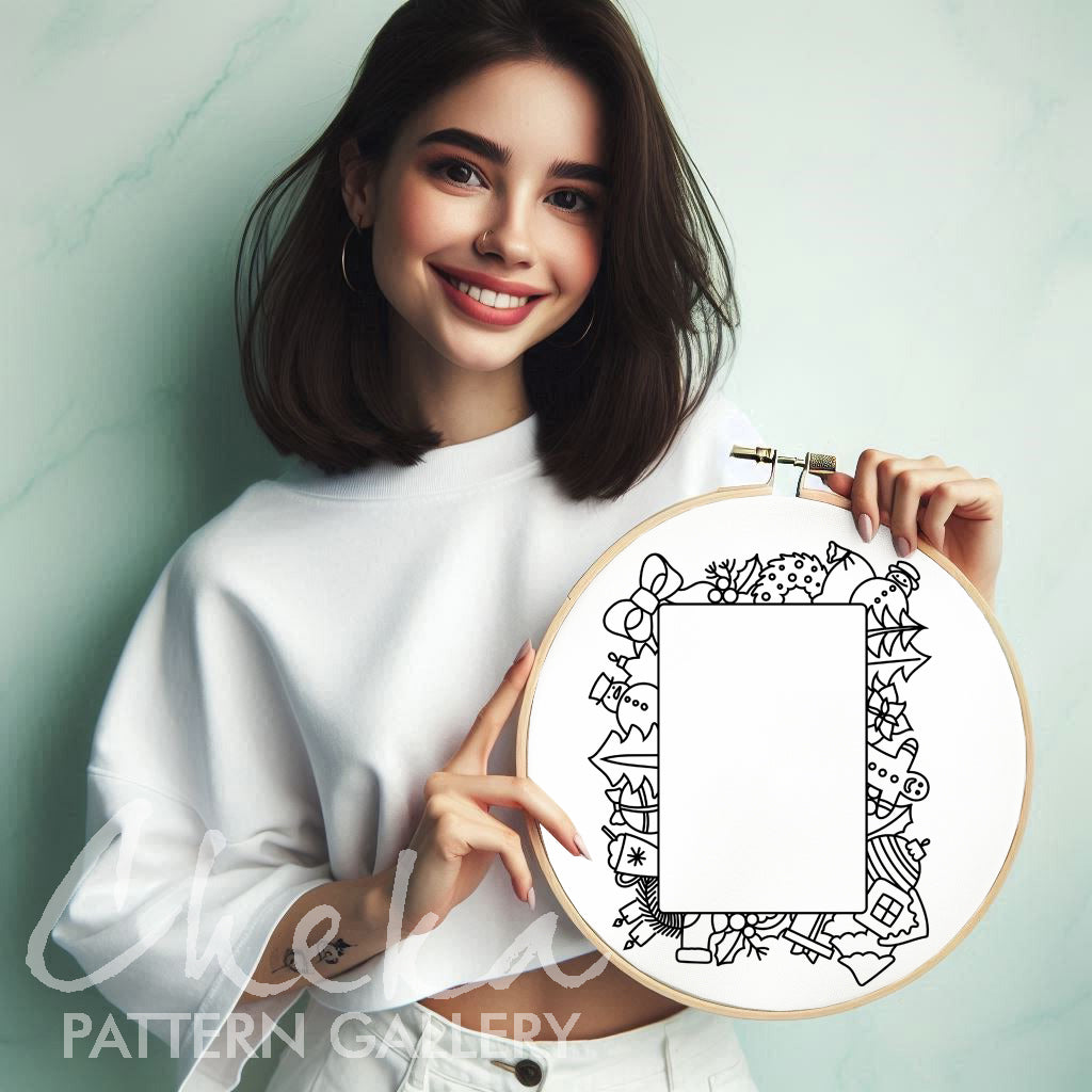 Christmas Photo frame, hand embroidery pattern PDF, handmade embroidered frame, digital hand embroidery template PDF