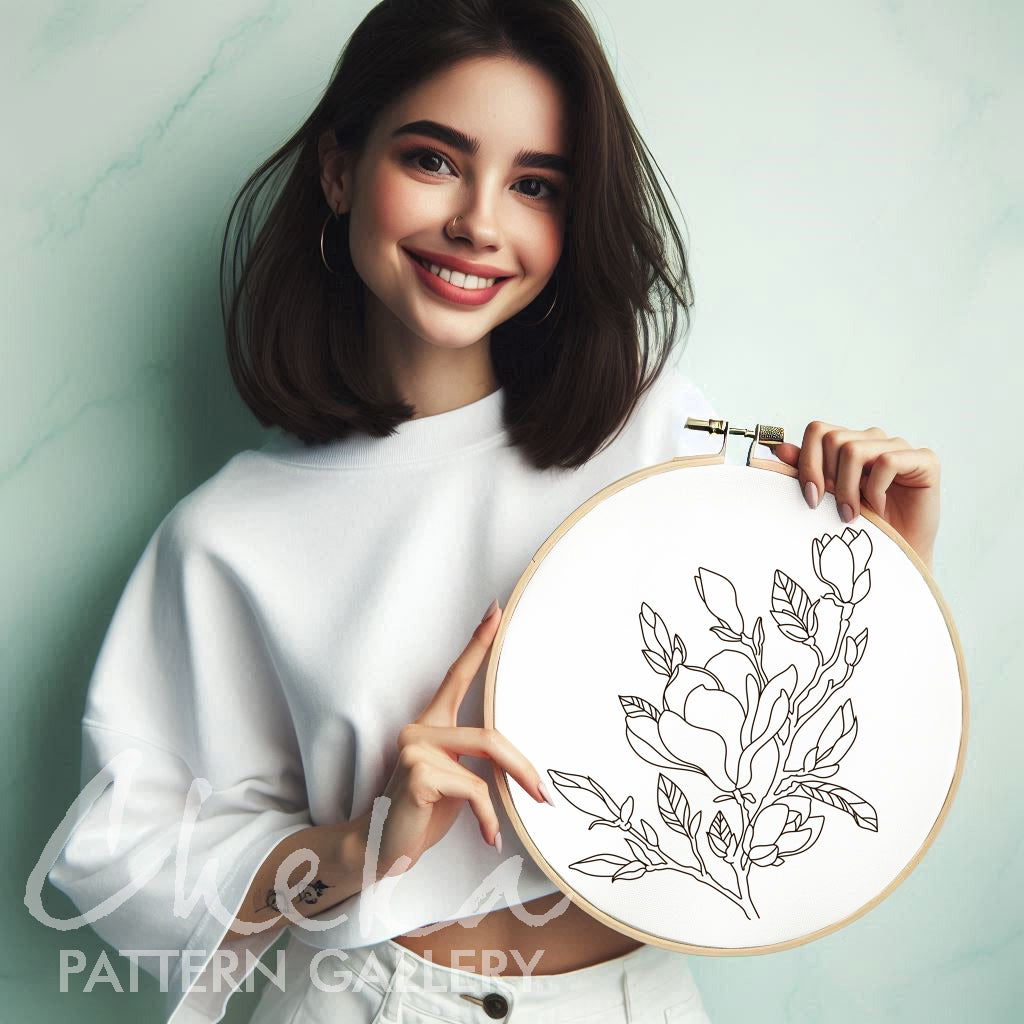 Magnolia pattern for hand embroidery, branch of big pink Magnolia, beautiful flower embroidery pattern, Magnolia pattern,Modern hoop art PDF