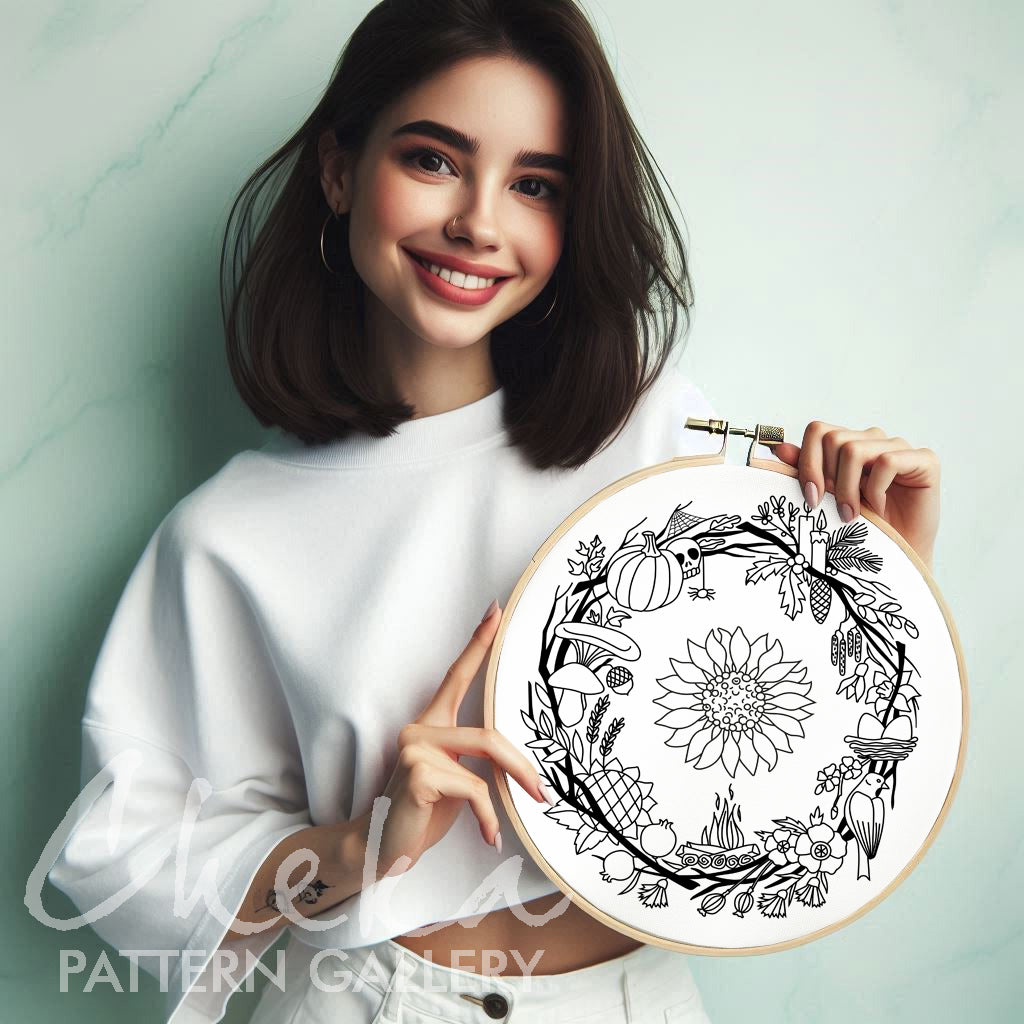 Phenology wheel pattern, calendar to embroider the year, seasons, month embroidery. Sabbats, Christmas, Easter phenology wheel templates PDF