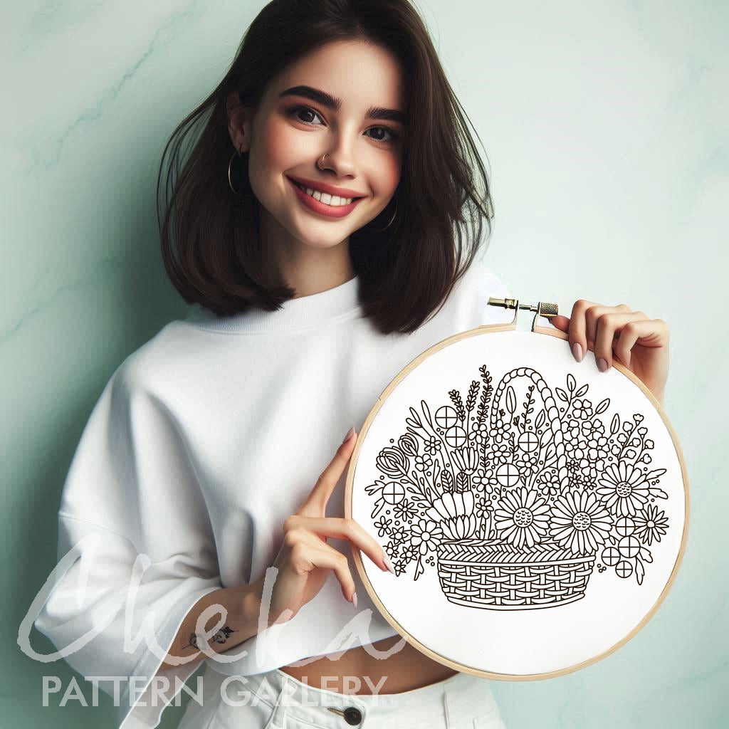 Flower Basket Hand Embroidery Pattern, Floral Basket, Summer Wildflowers, Basket of Blossoms, Embroidery Pattern PDF, Beginner Embroidery,