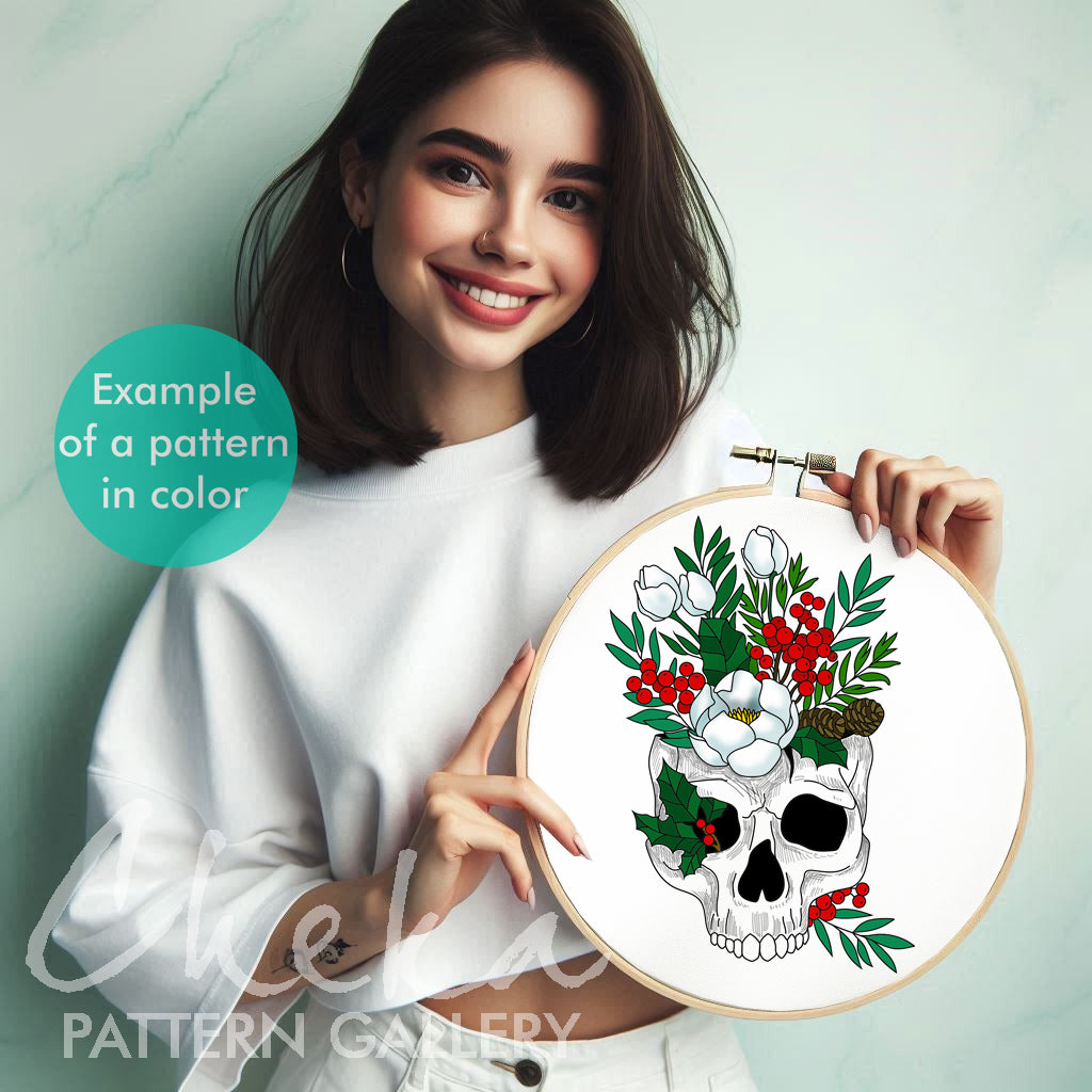 Merry Christmas Skull, digital hand embroidery pattern. Bouquet of holiday flowers. Embroidery scheme with skull, winter hoop art project