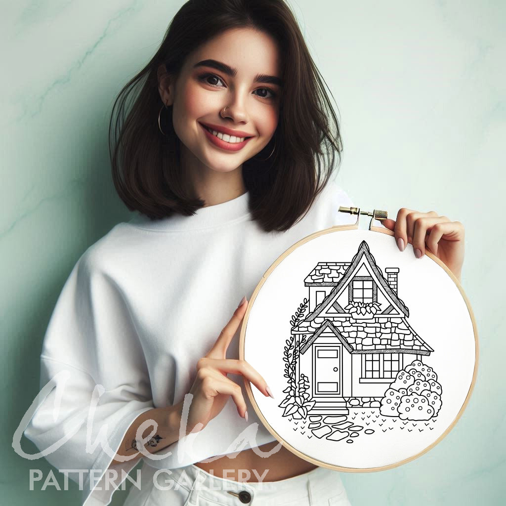 Cottage Hand Embroidery Template, village House, garden Embroidery Pattern PDF, Cottagecore Embroidery Pattern, Home Hand Embroidery Pattern