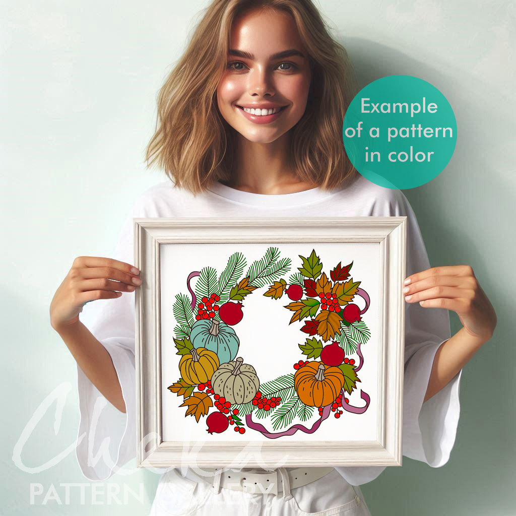 Floral embroidery pattern. Winter hand embroidery pattern, Christmas ornaments, Cozy embroidery pattern with pumpkins, berries, pomegranates