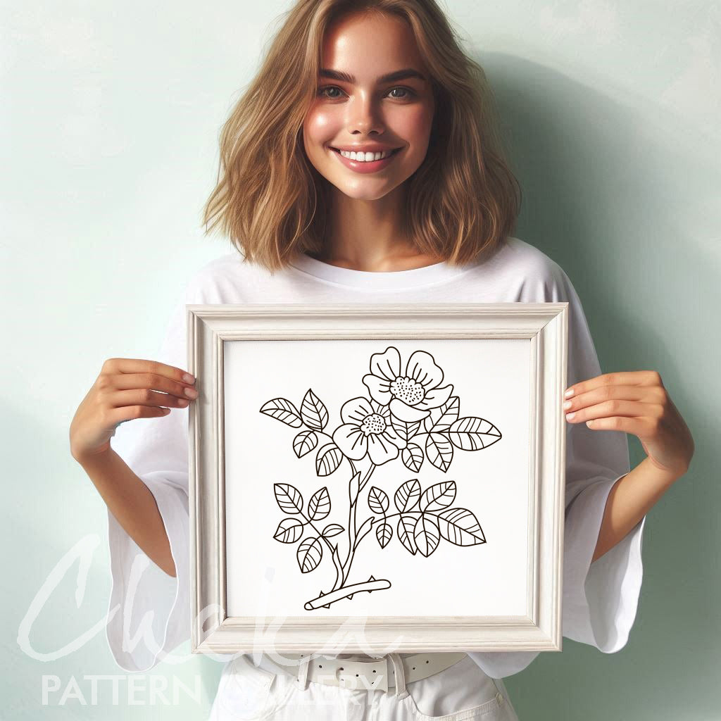 Wild rose, hand embroidery pattern PDF, branch of pink forest rose, wild roses. Embroidery for Beginners, Flower Embroidery Design