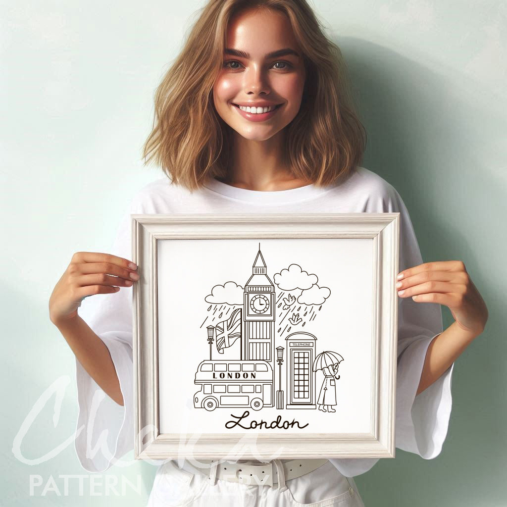 London embroidery pattern, Big Ben template, Hand embroidery pattern PDF. Modern hoop art, English embroidery. Handmade embroidery pattern