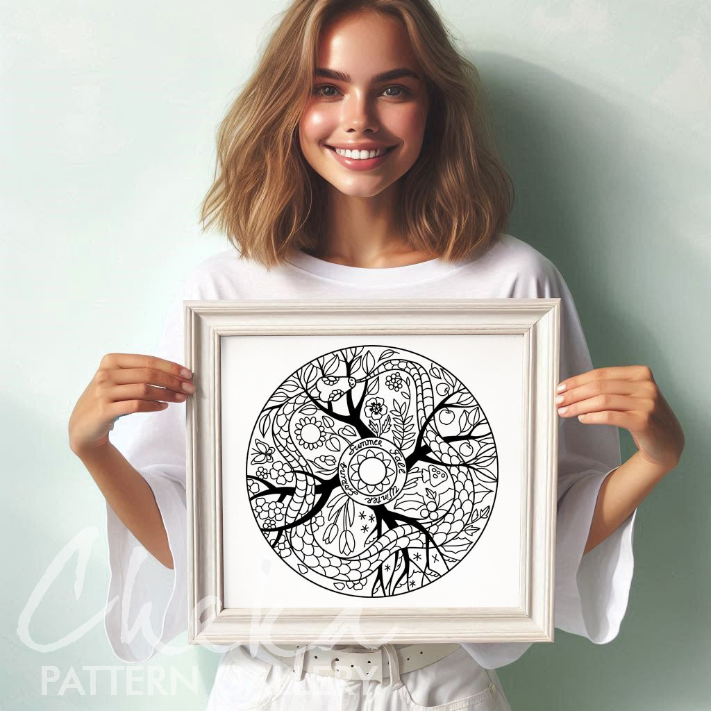 Phenology wheel pattern, The Ouroboros. Phenology wheel template with a snake, calendar to embroider the seasons. PDF embroidery pattern