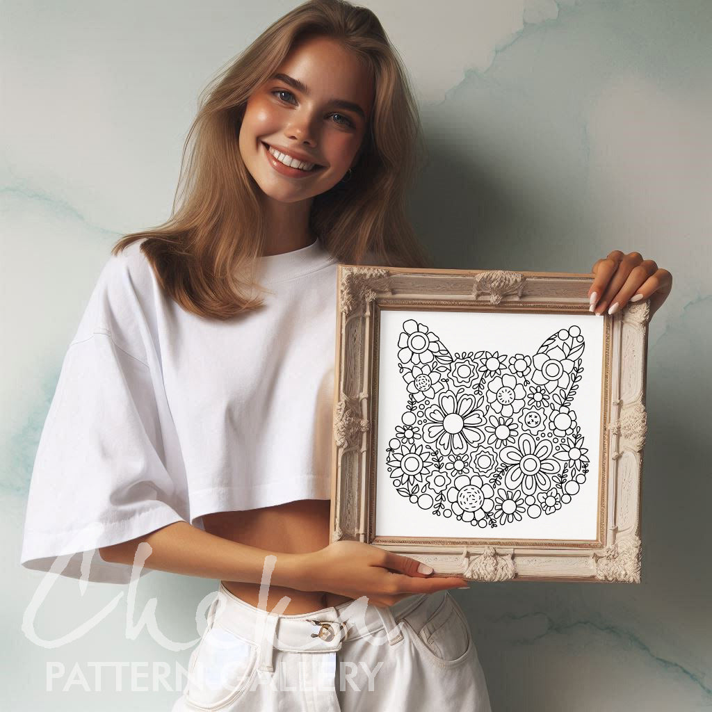 Cat floral embroidery pattern, Cat flower portrait, Embroidery blueprint, Modern Cat Embroidery. Cat lover gift, Beginner embroidery PDF