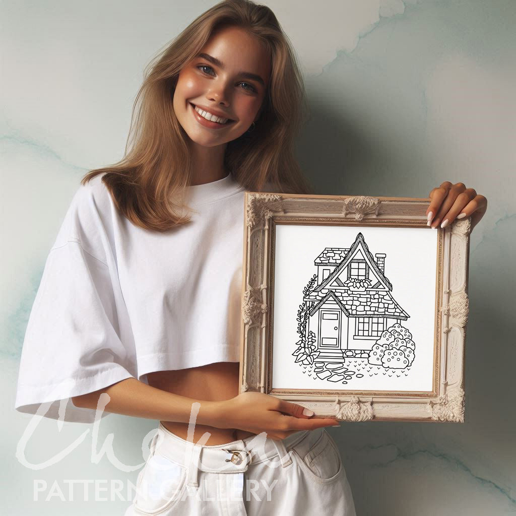 Cottage Hand Embroidery Template, village House, garden Embroidery Pattern PDF, Cottagecore Embroidery Pattern, Home Hand Embroidery Pattern