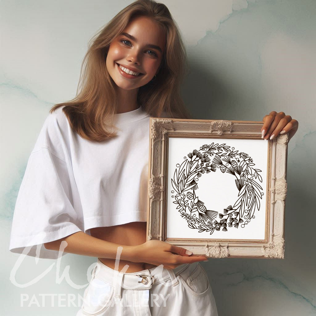 Festive wreath made of spruce and leaves. Floral embroidery pattern PDF. Christmas DIY Embroidery template