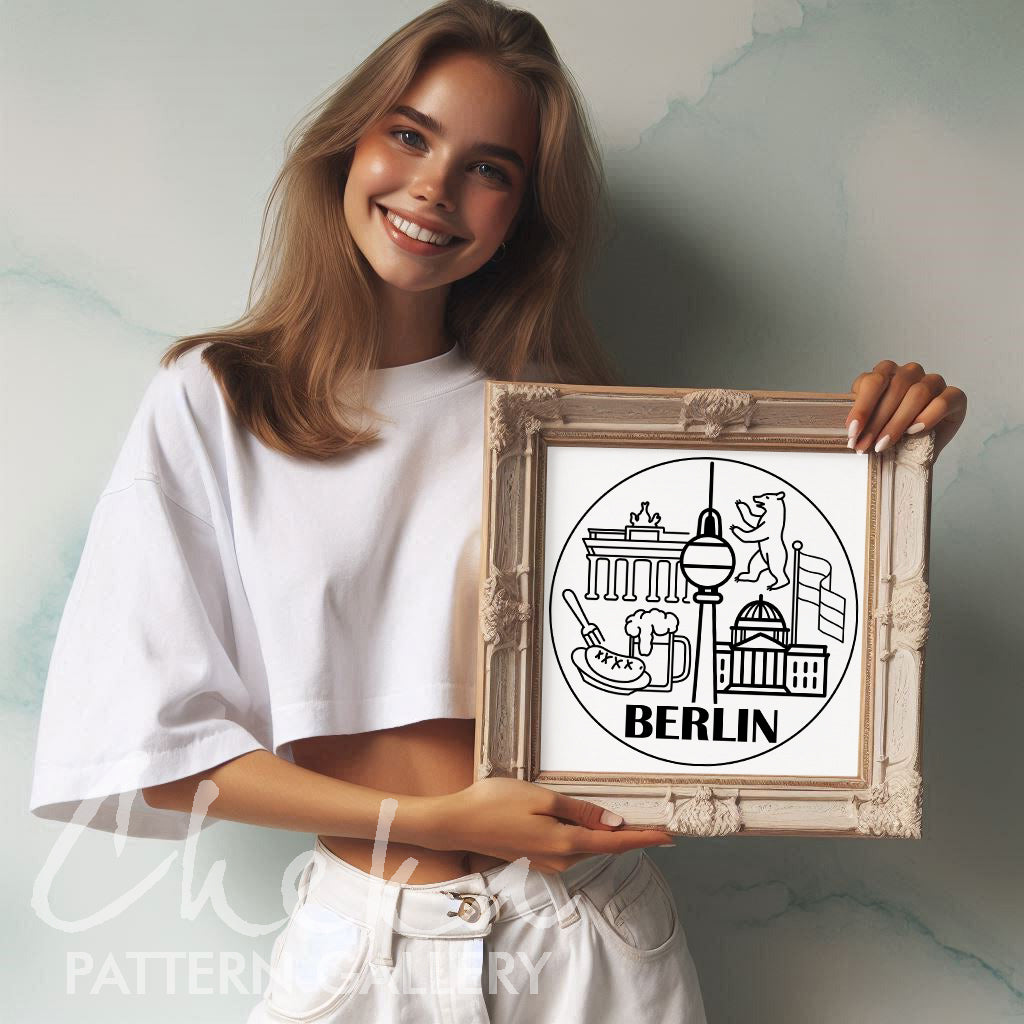 Berlin, symbol of the city. German embroidery, Hand embroidery pattern PDF. Modern hoop art, 