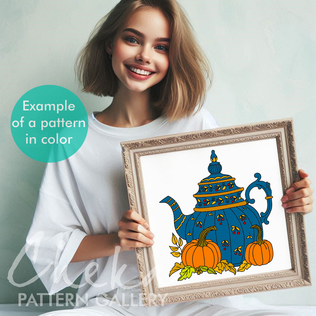 Teapot embroidery pattern, Floral Tea Embroidery, Autumn Embroidery Pattern, Pumpkins and Autumn Foliage, Fall hoop art, modern embroidery