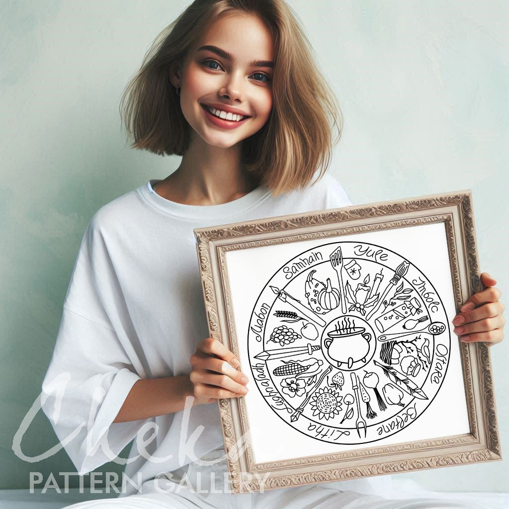 Phenology wheel pattern, calendar to embroider the seasons, year,month embroidery. Yule, Samhain, Imbolc, Ostra. Phenology wheel templates 