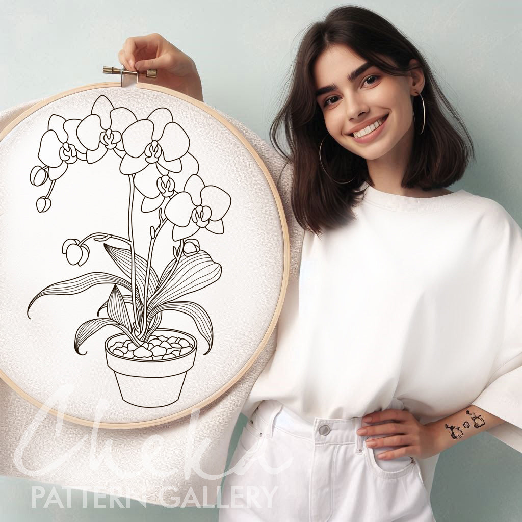 Orchid pattern for hand embroidery, branch of big pink Orchid, beautiful flower embroidery pattern, Orchid lover gift, Modern hoop art PDF