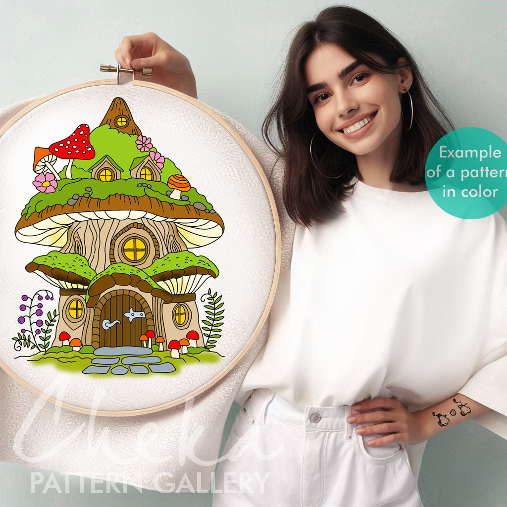 Fairy house, Hand Embroidery Template. Fairy Cottage, PDF embroidery pattern