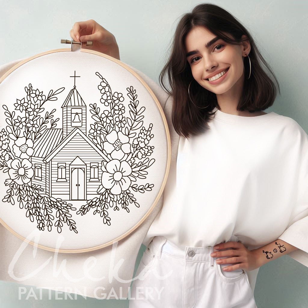 Church PDF template, Floral Embroidery Pattern, Christmas decor, Instant Download, Christian Hand Embroidery, Catholic embroidery craft