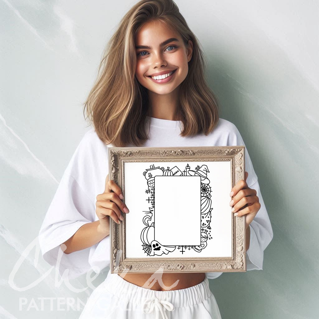 Photo frame, Halloween hand embroidery pattern, handmade embroidered frame, spooky season, digital embroidery pattern PDF. Scary Embroidery