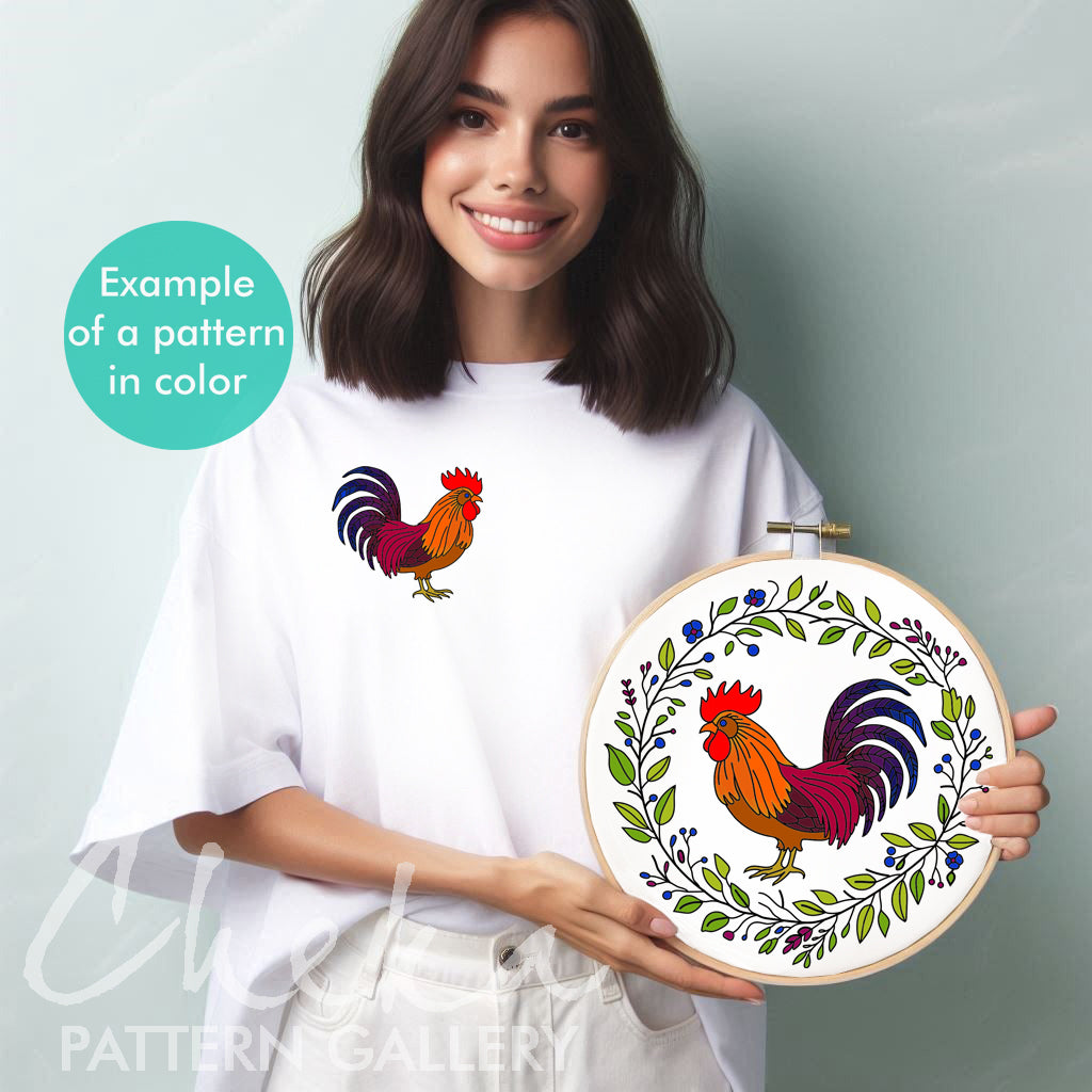 The rooster, the symbol of France. Cockerel hand embroidery pattern. Colorful Rooster Hand Embroidery Pattern, Instant Download, hoop art